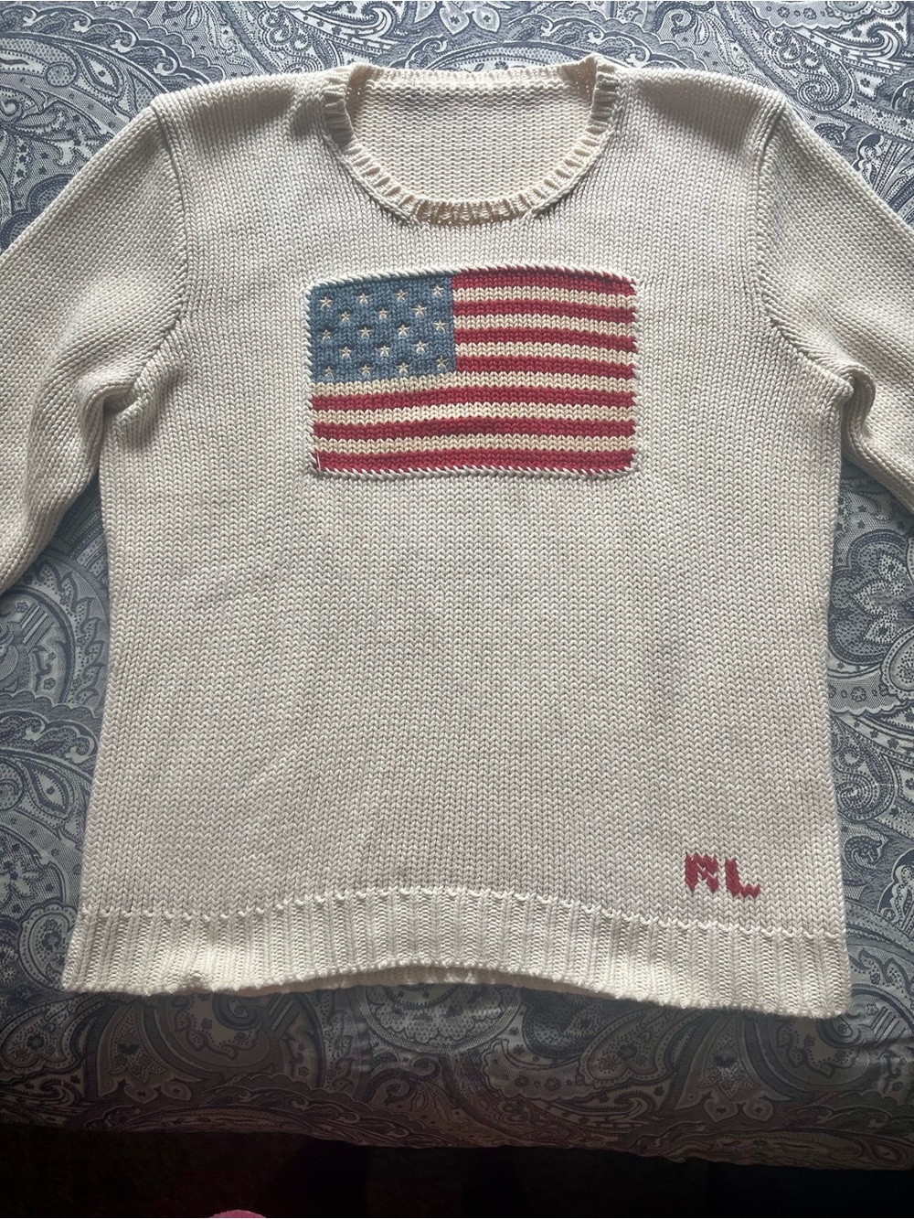 Polo by Ralph Lauren Cream Knit Sweater with American Flag Motif